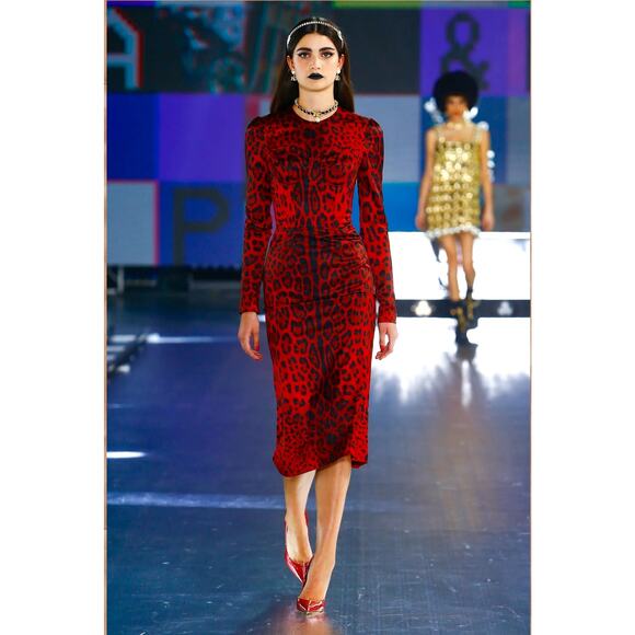 NWT Dolce & Gabbana Red Tubino bustier  Leopard-Print Satin Midi Dress 40 S - Picture 1 of 16